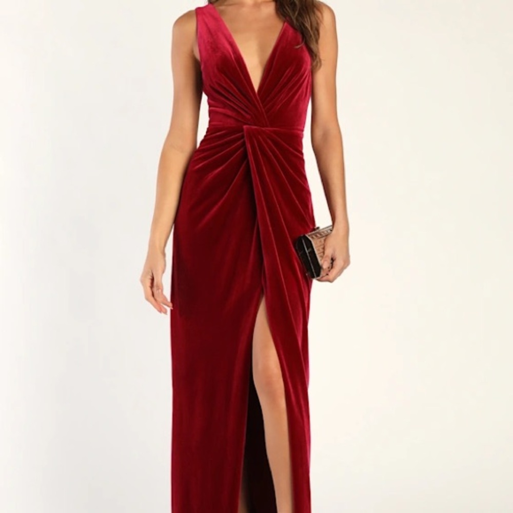 Lulu's Deep Red Velvet Midi Dress